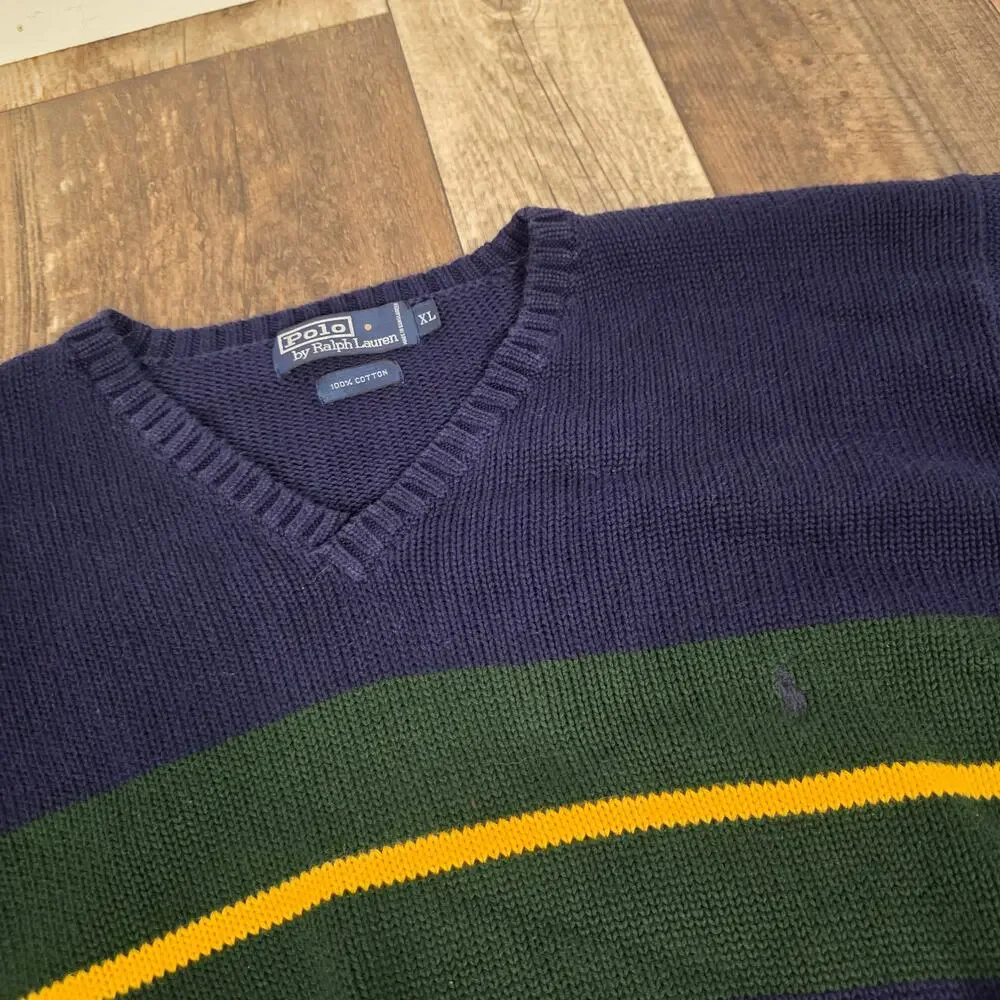 Polo Ralph Lauren Vintage Rugby Stripe V-Neck Sweater Navy Green Cotton XL
